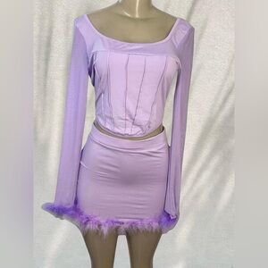 💜 Lilac Corset Top & Feather Hem Mini Skirt Set | Y2K Vibes 💜